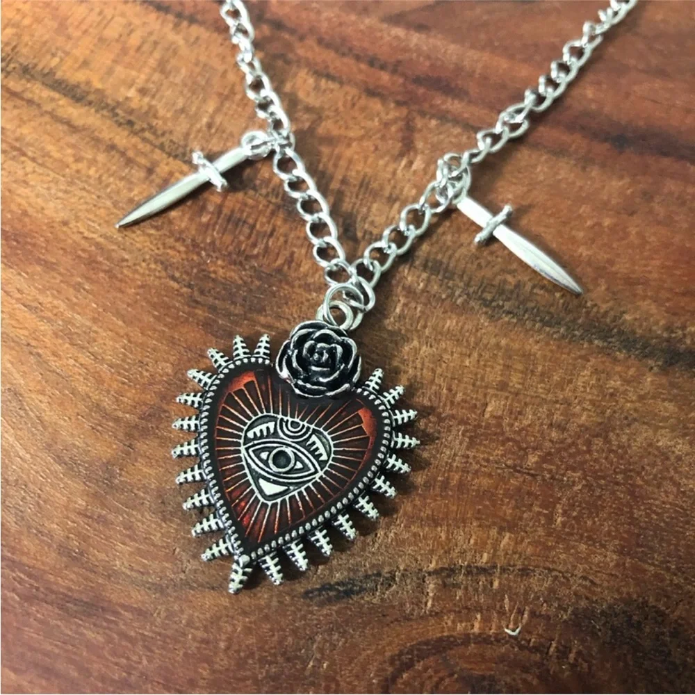 gothic silver-toned choker necklace red heart pendant Devil eye dagger charms. - Picture 7 of 9